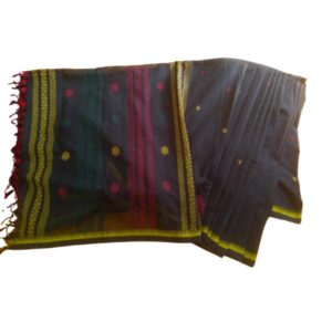 Elegant Black Handloom Cotton Saree with Colorful Booti & Tassels - আভিজাত্যপূর্ণ ব্ল্যাক হ্যান্ডলুম কটন শাড়ি